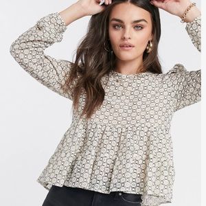 River Island long sleeve puff shoulder lace top